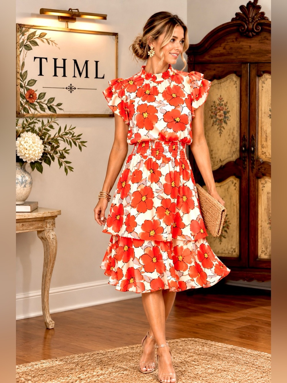 NWT THML Poppy Floral Smocked Waist Tiered Ruffle Romantic Midi Dress Size L